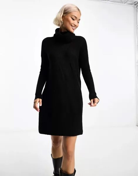 Черное мини-платье-свитер с высоким воротником Only