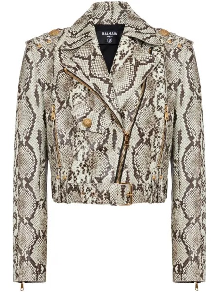 Balmain укороченная байкерская куртка со змеиным узором, коричневый
