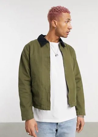 Джинсовая куртка Харрингтон цвета хаки с черным вельветовым воротником ASOS DESIGN-Зеленый цвет