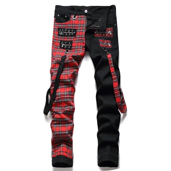 Мужские модные джинсовые брюки с ремешками, высококачественные облегающие черные и красные джинсы, уличные модные сексуальные джинсы, повседневные джинсы