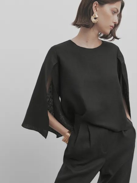 Льняная блузка с открытием на рукавах Massimo Dutti, черный