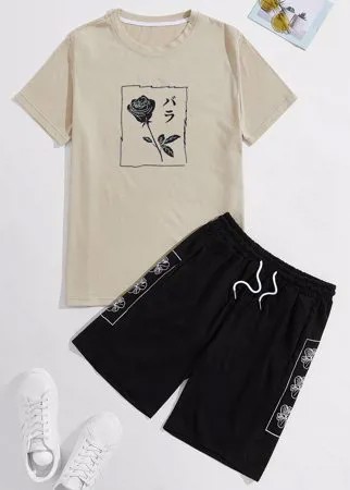 Мужская футболка с японским текстовым принтом и шорты с цветочным принтом