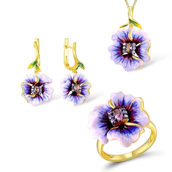 Очаровательная эмаль Фиолетовый цветочный лист в форме кристаллических сережек кольцо ожерелье Элегантный набор свадебных украшений