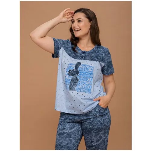 Пижама Алтекс, футболка, бриджи, короткий рукав, размер 50, голубой, синий