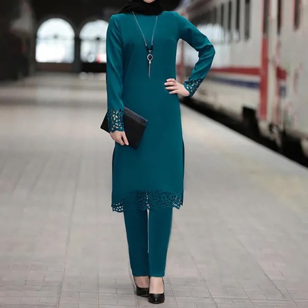 Женщины Мусульманская Абая Одежда Комплект с длинным рукавом Блузка Брюки Исламский Кафтан Наряды Два костюма Костюм