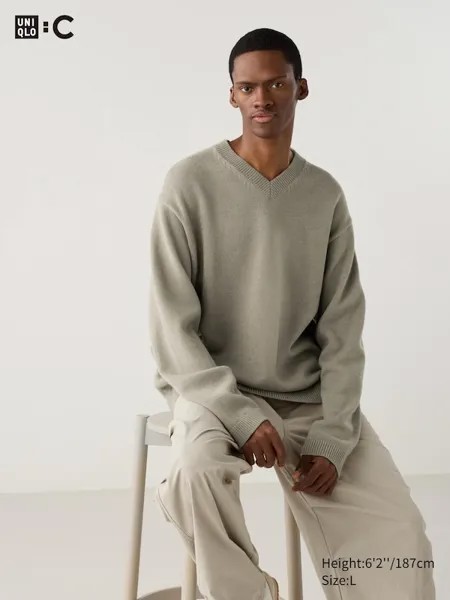 Джемпер с v-образным вырезом Uniqlo, бежевый