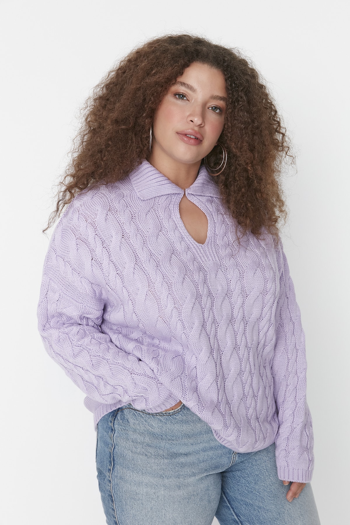 Сиреневый вязаный свитер с рубашечным воротником Trendyol, фиолетовый