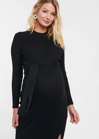 Черное платье миди в рубчик с поясом New Look Maternity-Черный