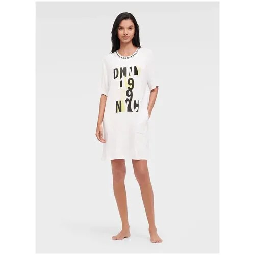 Платье DKNY М пижамное белое с лого на груди и лого резинкой Logo Collar Sleepshirt
