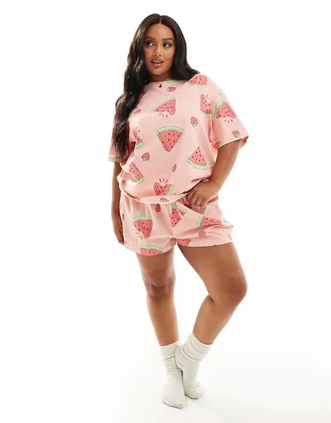 Розовый арбузный комплект из футболки и короткой пижамы ASOS DESIGN Curve