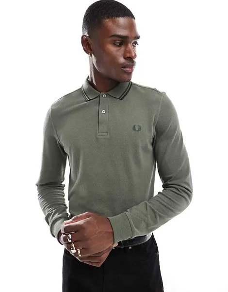 Зеленая рубашка-поло с длинными рукавами и двумя полосками Fred Perry