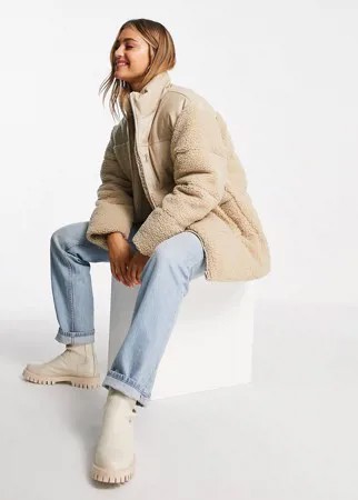 Флисовый пуховик светло-бежевого цвета со вставками из искусственной кожи ASOS DESIGN-Розовый цвет