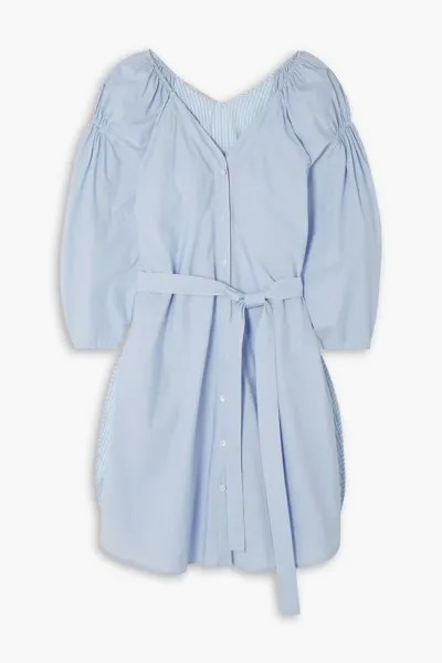 Платье мини из хлопкового поплина в тонкую полоску с поясом Stella Mccartney, светло-синий