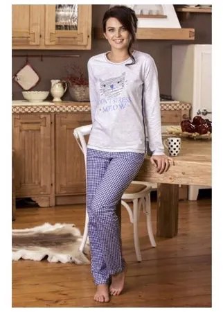 Cotonella Хлопковая пижама с забавным принтом и клетчатыми брючками, серый с синим, S