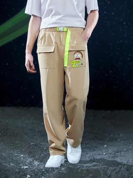 Мужские брюки SHEIN с мультяшным рисунком и карманами и пряжкой спереди, хаки