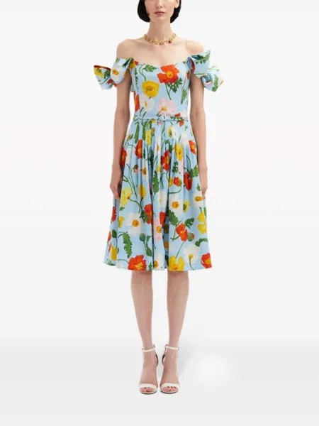 Платье миди с принтом Painted Poppies Oscar de la Renta, синий