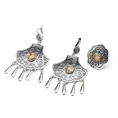 Комплект бижутерии Радуга Камня: серьги, кольцо, яшма, размер кольца 18, бежевый
