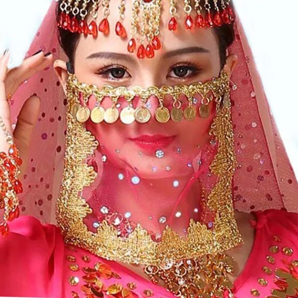 Женщины Блестки Индийский танец Исполнительские принадлежности Горный хрусталь Лицо Фаты Сетка Живот Танец Костюмы