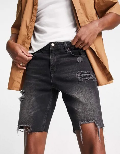 Узкие джинсовые шорты выбеленного черного цвета с большими рваными разрезами и необработанным низом штанин ASOS DESIGN-Черный