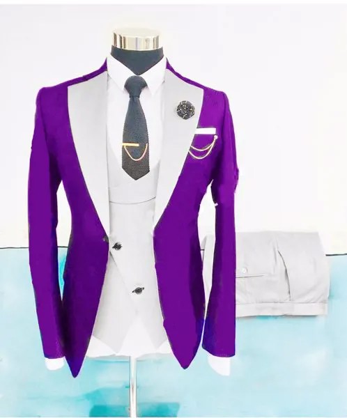 Новейший дизайн пальто JELTONEWIN, мужские костюмы, фиолетовый смокинг, куртка, белый жилет, брюки, мужское вечернее платье для жениха, раньше на свадьбу