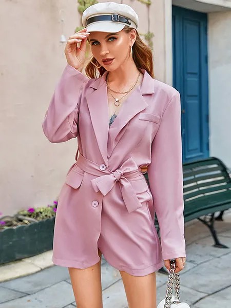 Milanoo Women Blazer Coat Stylish V Neck Turndown Collar Lace Up Long Sleeves Stretch Polyester Long