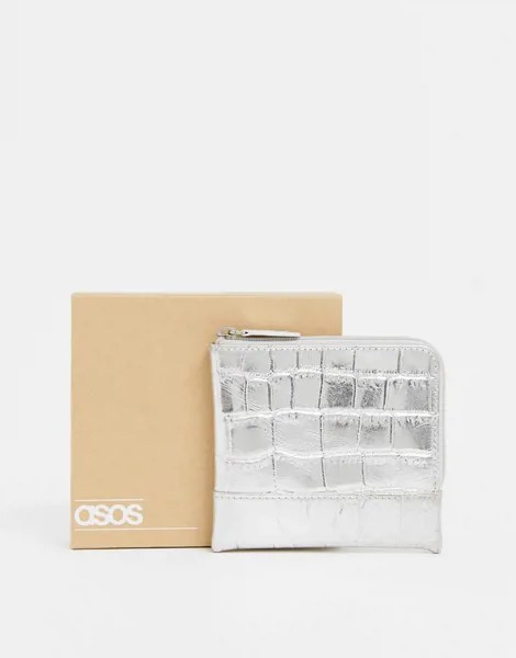Серебристый кожаный бумажник на молнии с эффектом металлик ASOS DESIGN-Серебряный