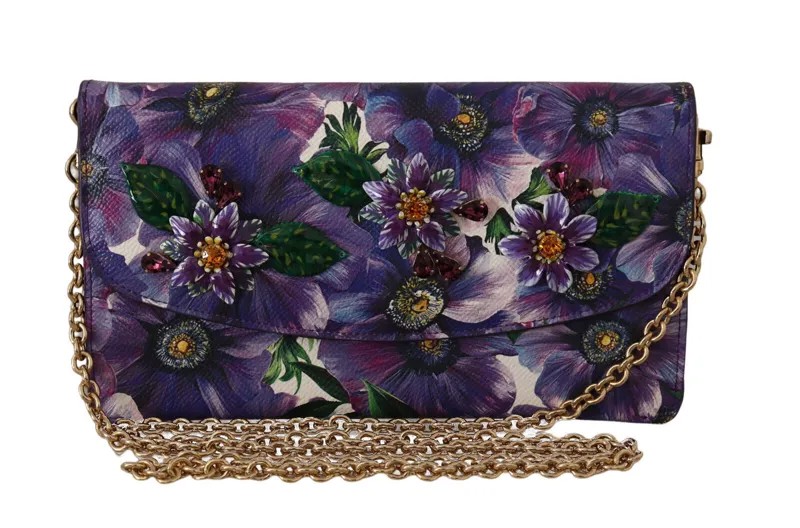 Кожаная сумка DOLCE - GABBANA Фиолетовый кожаный клатч с цветочным принтом и кристаллами $2200