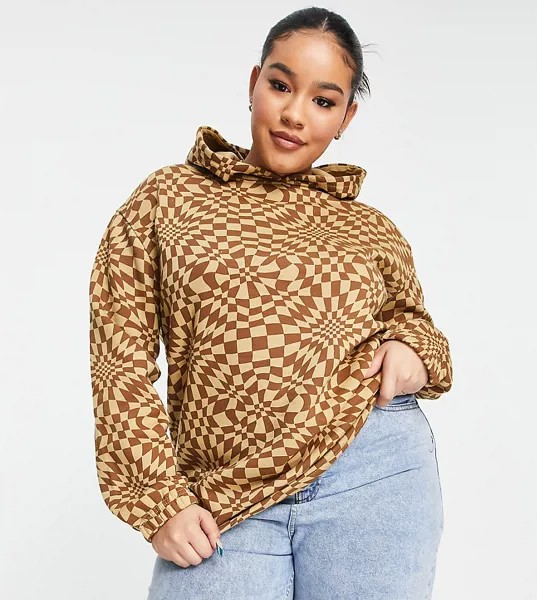 Свободный oversized-худи в деформированную клетку от комплекта Daisy Street Plus-Разноцветный