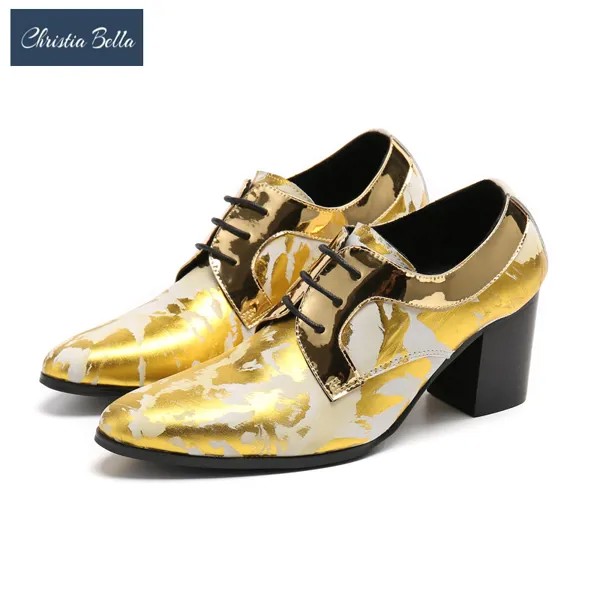 Christia Bella роскошные золотые мужские туфли на высоком каблуке обувь туфли на плоской подошве с толстым каблуком Туфли-оксфорды из натуральной кожи обувь для ночного клуба вечерние на шнуровке мужские полусапожки
