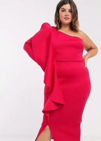 Платье миди на одно цвета фуксии с оборками True Violet Plus-Розовый