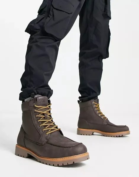 Коньячно-коричневые ботинки на шнуровке из искусственной кожи Jack & Jones