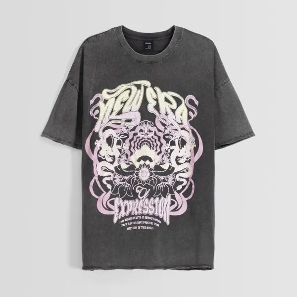 Футболка Bershka Short Sleeve With Print, серый