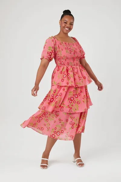 Многоярусное платье-миди с цветочным принтом больших размеров Forever 21, красный