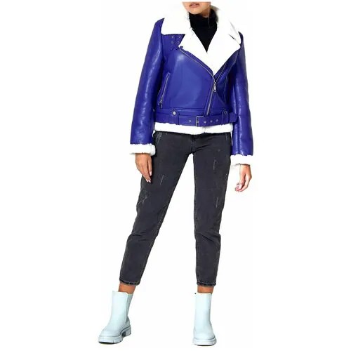 Куртка , искусственный мех, укороченная, силуэт прямой, пояс/ремень, размер 44, синий