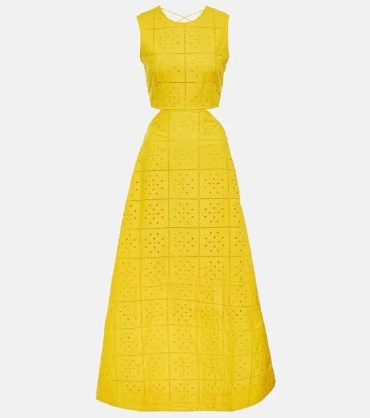 Платье макси из хлопка в технике бродери англез GANNI, желтый