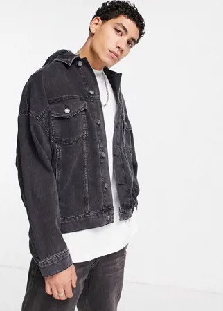 Черная выбеленная oversized-куртка из денима с трикотажным капюшоном ASOS DESIGN-Черный цвет