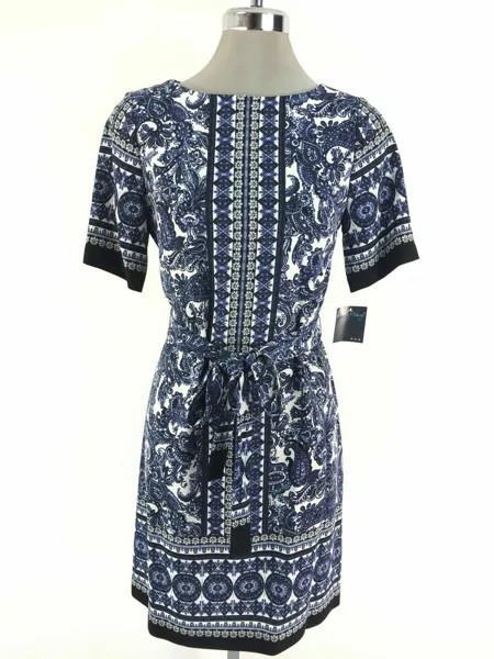 Taylor NEWWT Modern NAVY MULTI Платье свободного кроя с поясом и принтом, размер 8,10,12