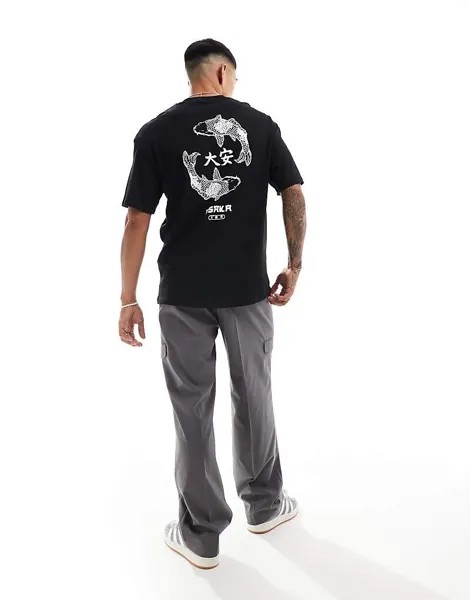 Jack & Jones Originals – черная футболка оверсайз с карповым принтом на спине