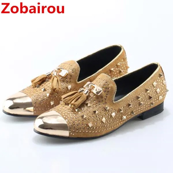 Zobairou мужские итальянские ботинки кожаные плоские Лоферы Золотые кристаллы Bling Стразы кожаные туфли без застежки