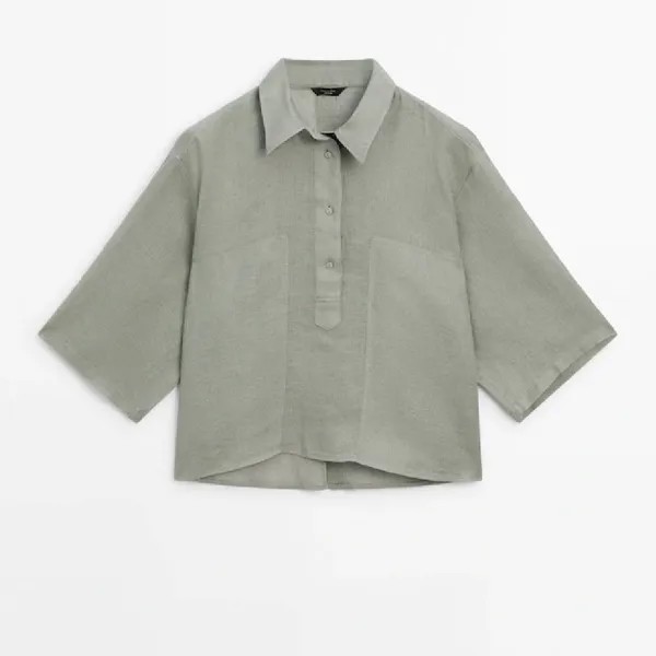 Рубашка Massimo Dutti Linen Polo Collar, светло-зеленый