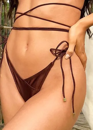 Эксклюзивные трусы бикини коричневого цвета с завязками по бокам и высоким вырезом по бедру South Beach X Natalya Wright-Коричневый цвет