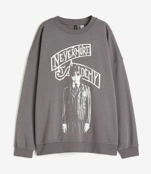 Свитшот H&M x Wednesday Oversized Printed, темно-серый