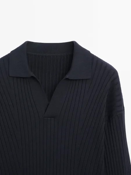 Свитер рубчатой вязки с воротником-поло Massimo Dutti, navy blue