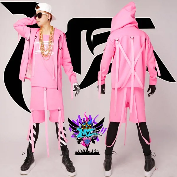 Мужское платье для выступлений в стиле хип-хоп, розовый кардиган с капюшоном, куртка-майка, шорты для ночного клуба, индивидуальный тренировочный костюм с лентой