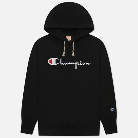 Мужская толстовка Champion Reverse Weave Script Logo Hoodie Custom Fit, цвет чёрный, размер S