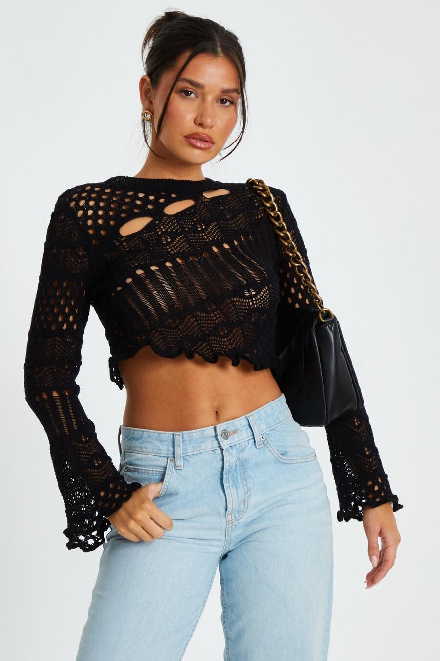 Черный вязаный укороченный джемпер с вырезами QUIZ Clothing