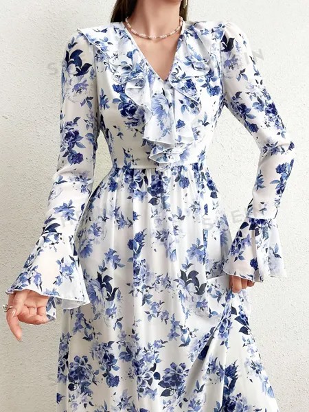 SHEIN Модельное платье с цветочным принтом, рюшами и расклешенными рукавами, синий и белый