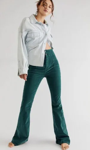 Вельветовые брюки Free People с высокой посадкой и расклешенной талией Jayde, темно-зеленые джинсы 30