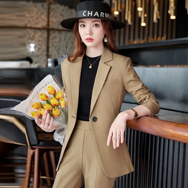 Осень 2022, Официальный женский абрикосовый Блейзер, женские деловые костюмы с комплектами, рабочая одежда, Офисная форма, брюки большого раз...
