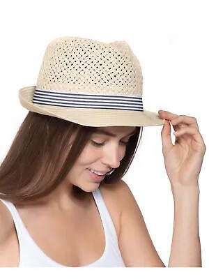 INC Женская бежевая шляпа Fedora с эластичной тесьмой и короткими полями темно-синего/белого цвета